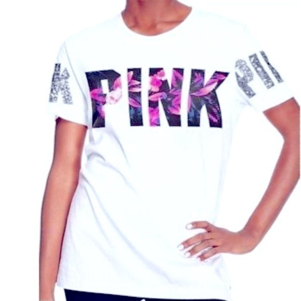 VS PINK White Floral Logo Bling sequin short sleeve top